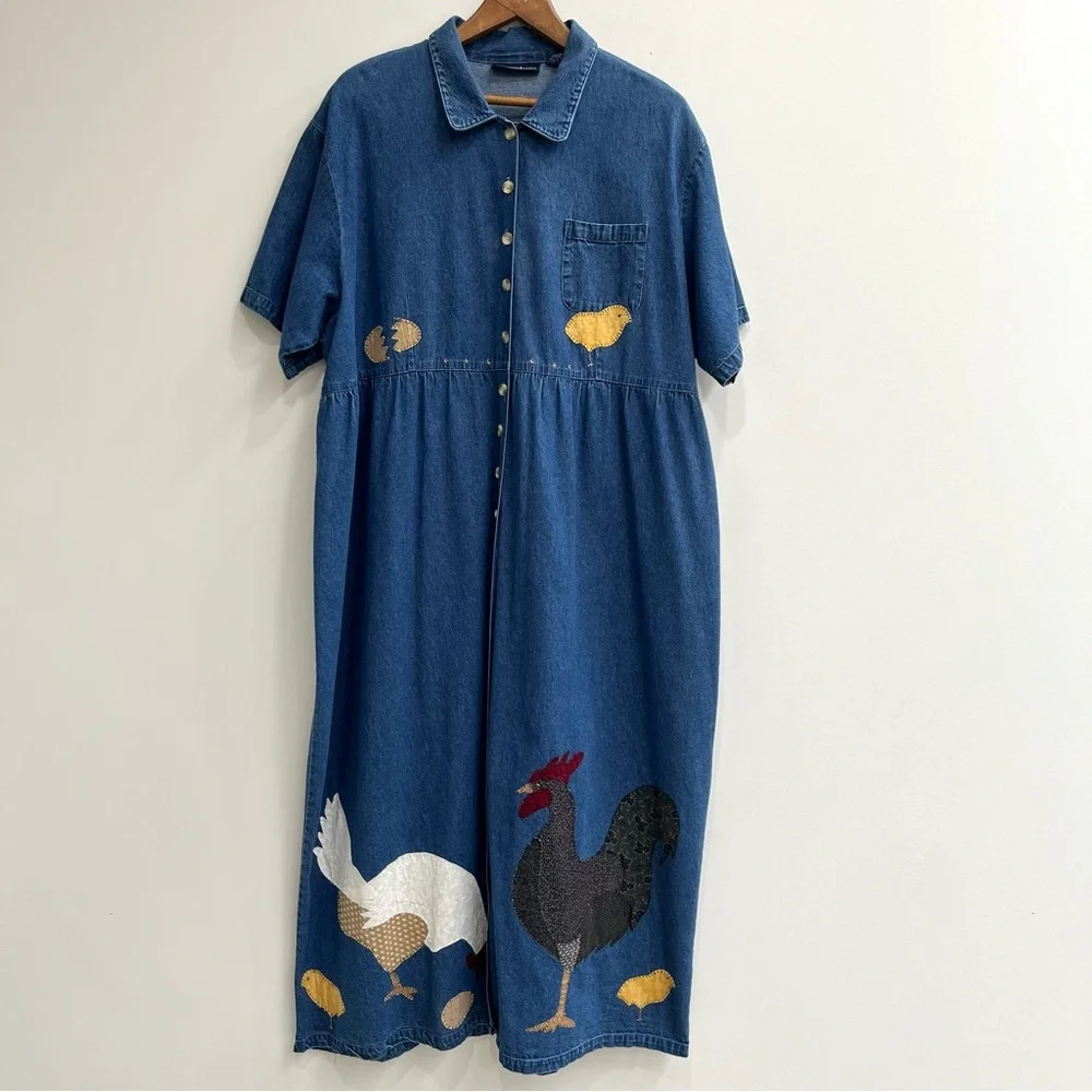 Vintage 90’s denim maxi jumper dress country chicken rooster patchwork appliqués - Picture 1 of 14
